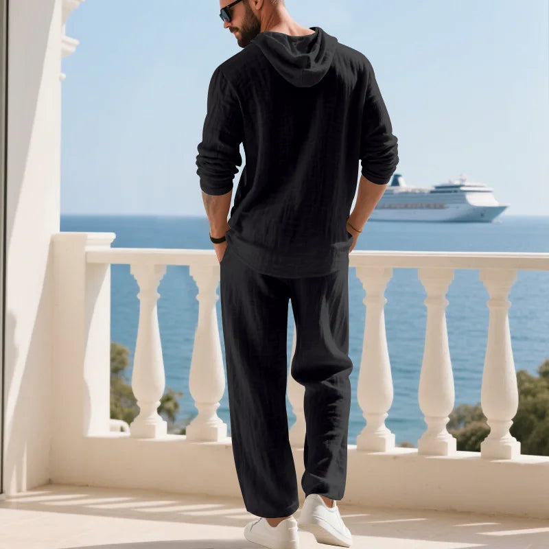 Men's Linen Casual Loose Hooded Henley Shirt & Long Pants Set – Relaxed Autumn 2-Piece Suit
