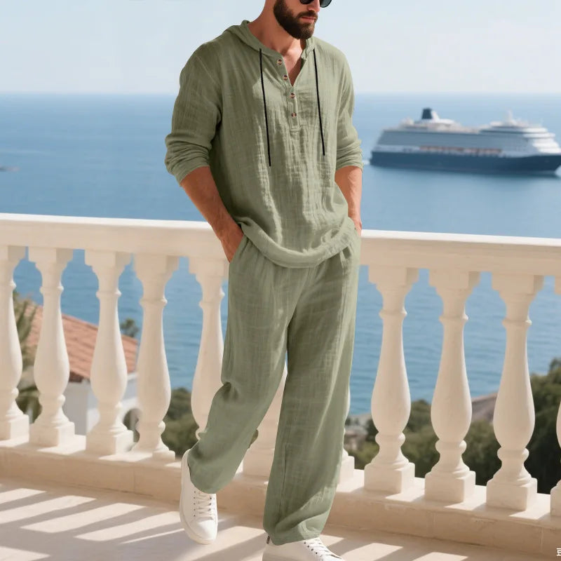Men's Linen Casual Loose Hooded Henley Shirt & Long Pants Set – Relaxed Autumn 2-Piece Suit