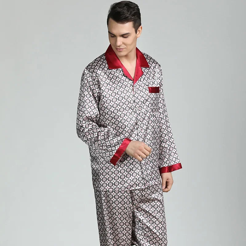 Men's Ice Silk Satin Pajama Set — Long Sleeve Top & Pants Sleepwear