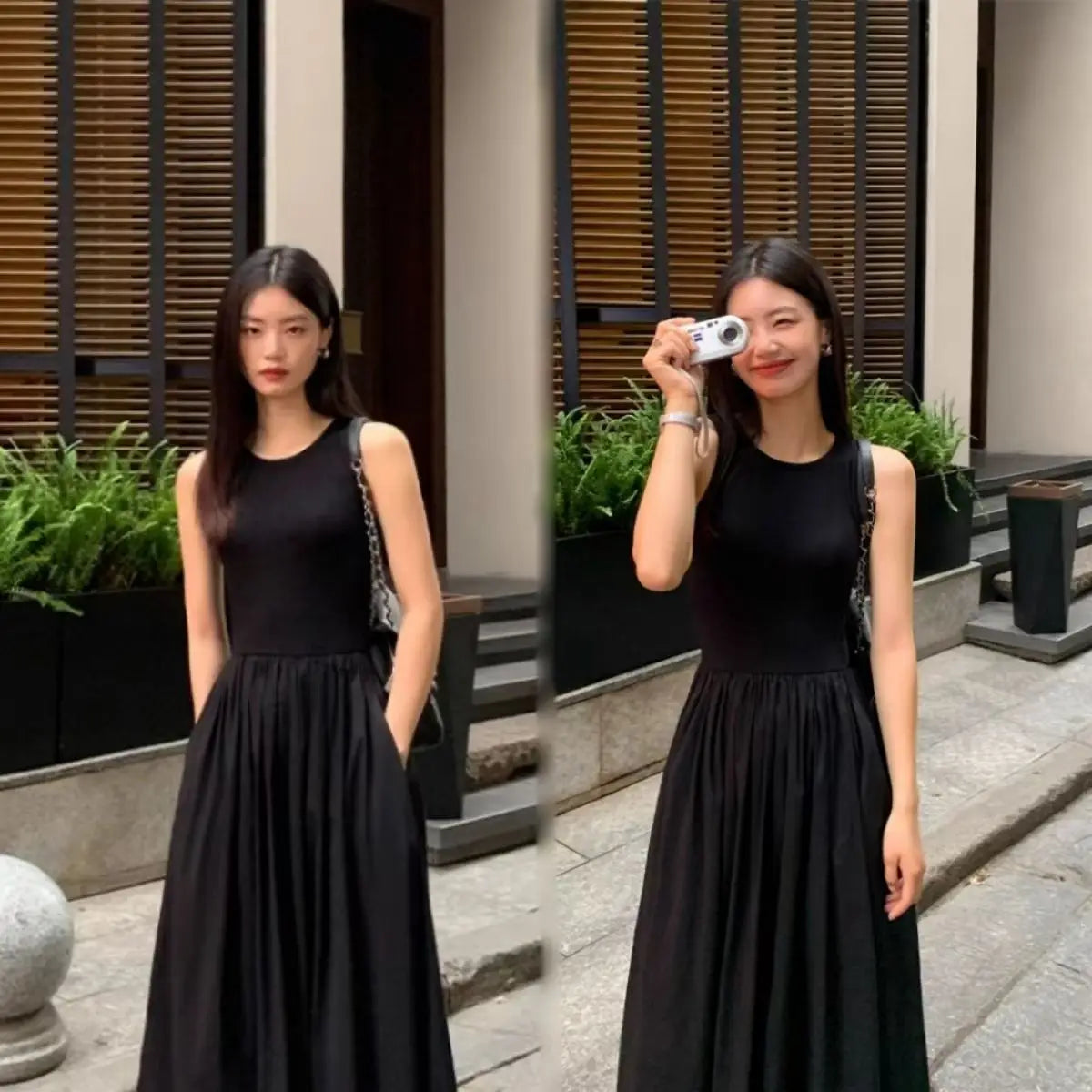 Women's Vintage Black Midi Dress – O-Neck Office Lady Casual Style with Pockets