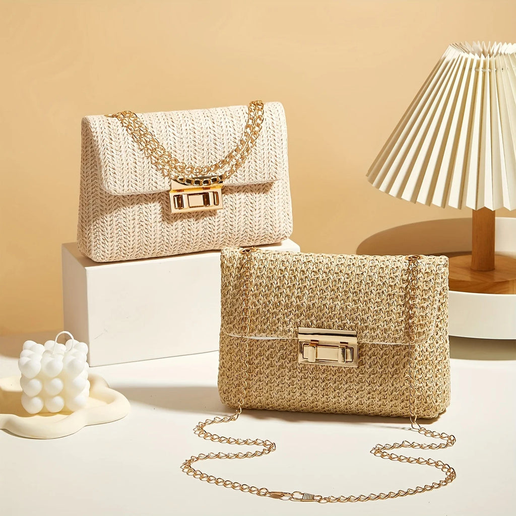 Woven Straw Shoulder Bag – Handwoven Crossbody Purse with Lock Closure for Women