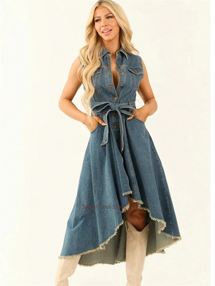 Denim Dresses For Women Sleeveless Sexy Irregular Girl Fashion A-Line Long Tunic Dress Lady Lace-Up Female Jeans Clothes
