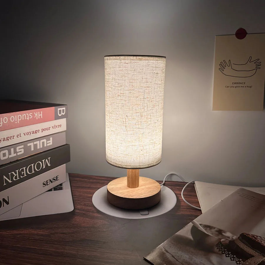 Wooden Bedside Lamp – USB Light with Linen Shade
