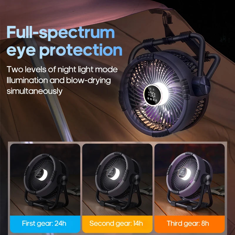 20000mAh 6-in-1 Outdoor Camping Fan – Rechargeable Wireless Tent Ceiling Fan with LED Light & Air Circulator