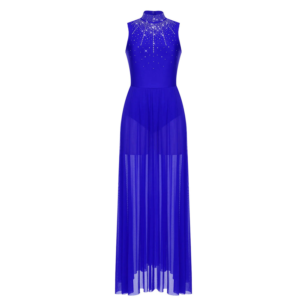 Rhinestone Maxi Sleeveless Contemporary Dance Dress — Mock Neck Wide Hemline Lyrical Leotard