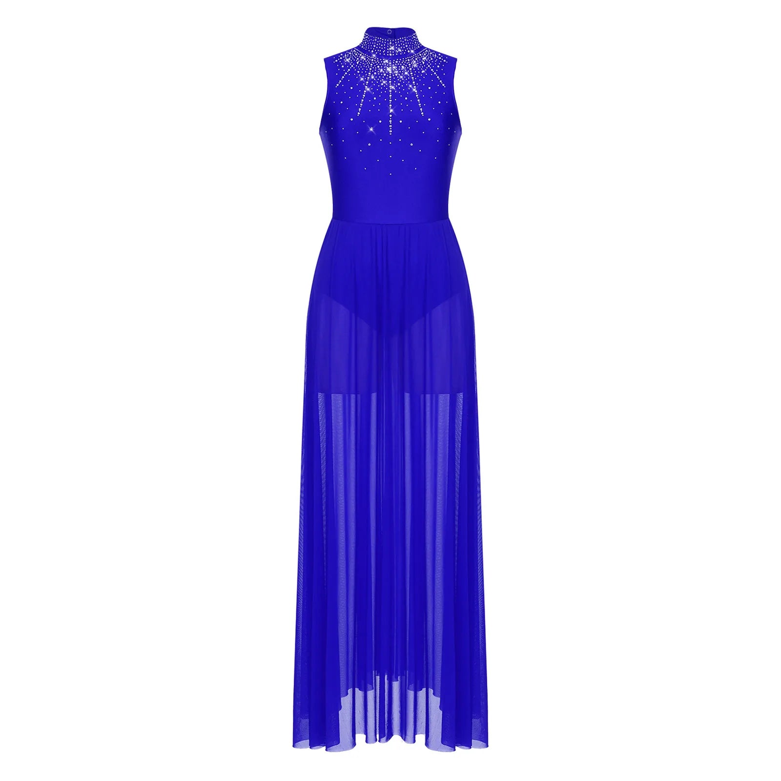 Rhinestone Maxi Sleeveless Contemporary Dance Dress — Mock Neck Wide Hemline Lyrical Leotard
