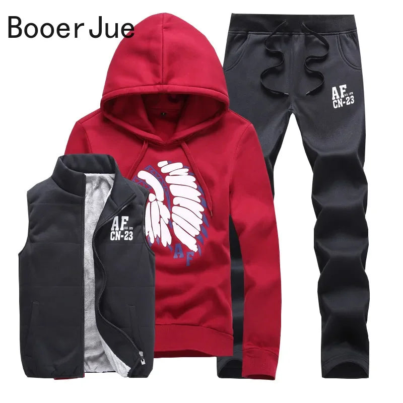Men's 3-Piece Winter Tracksuit – Hoodie, Vest & Pants Thick Warm Set