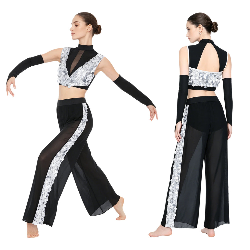 Women's Dance Performance Costume – Shiny Crop Top & Sheer Pants for Skating, Gymnastics & Ballet