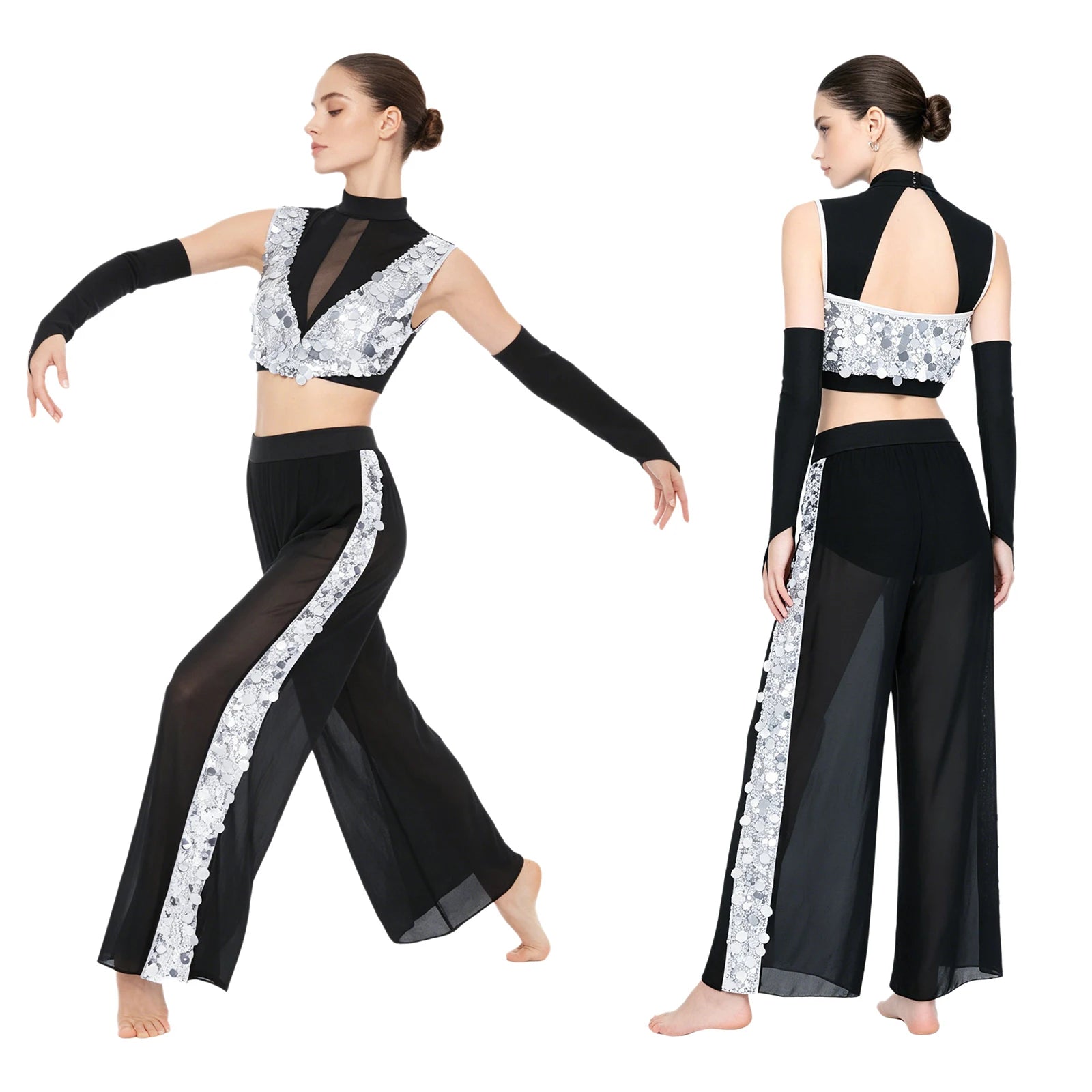 Women's Dance Performance Costume – Shiny Crop Top & Sheer Pants for Skating, Gymnastics & Ballet