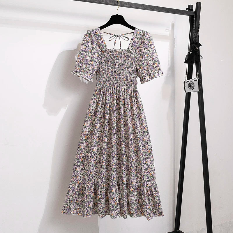 Chiffon A-Line Midi Dress — Elastic Waist Short Sleeve Casual Dress