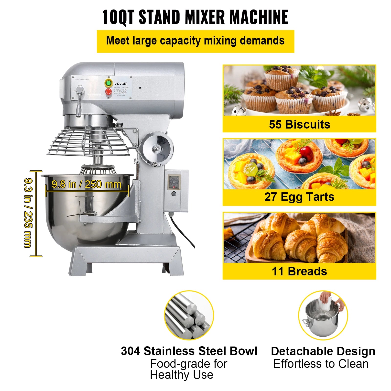 SucceBuy 10Qt 450W Commercial Food Mixer – 3-Speed, Heavy Duty Stainless Steel Whisk & Beater