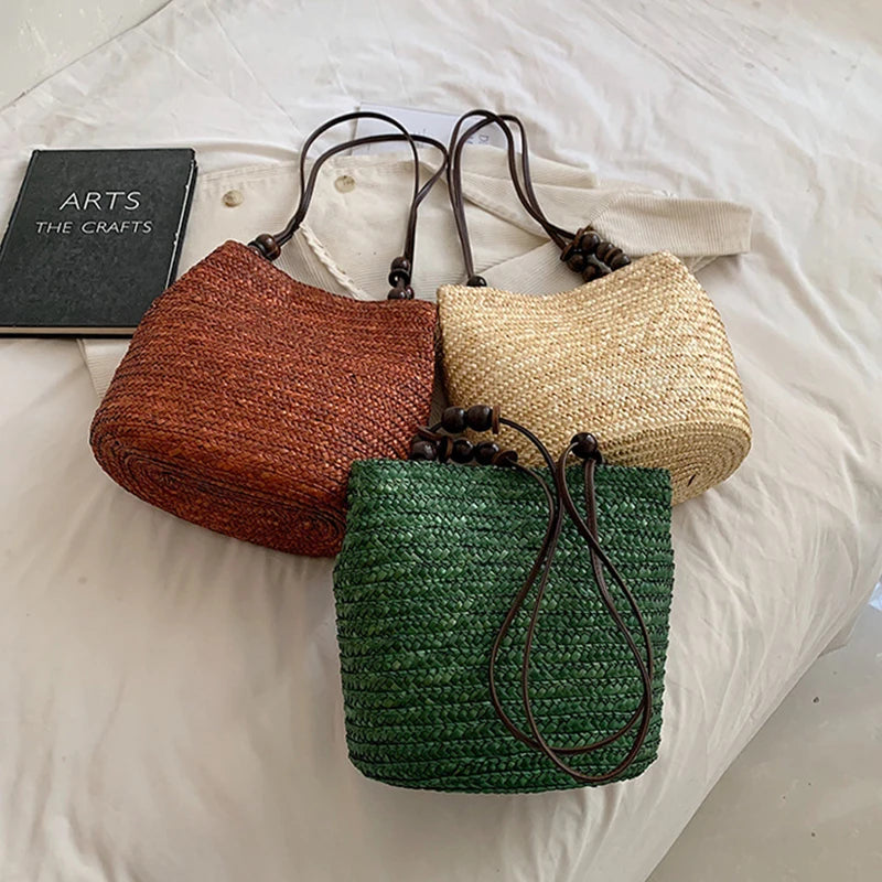 Handmade Straw Rattan Woven Tote Bag – Bohemian Beaded Summer Beach Shoulder Bag for Women