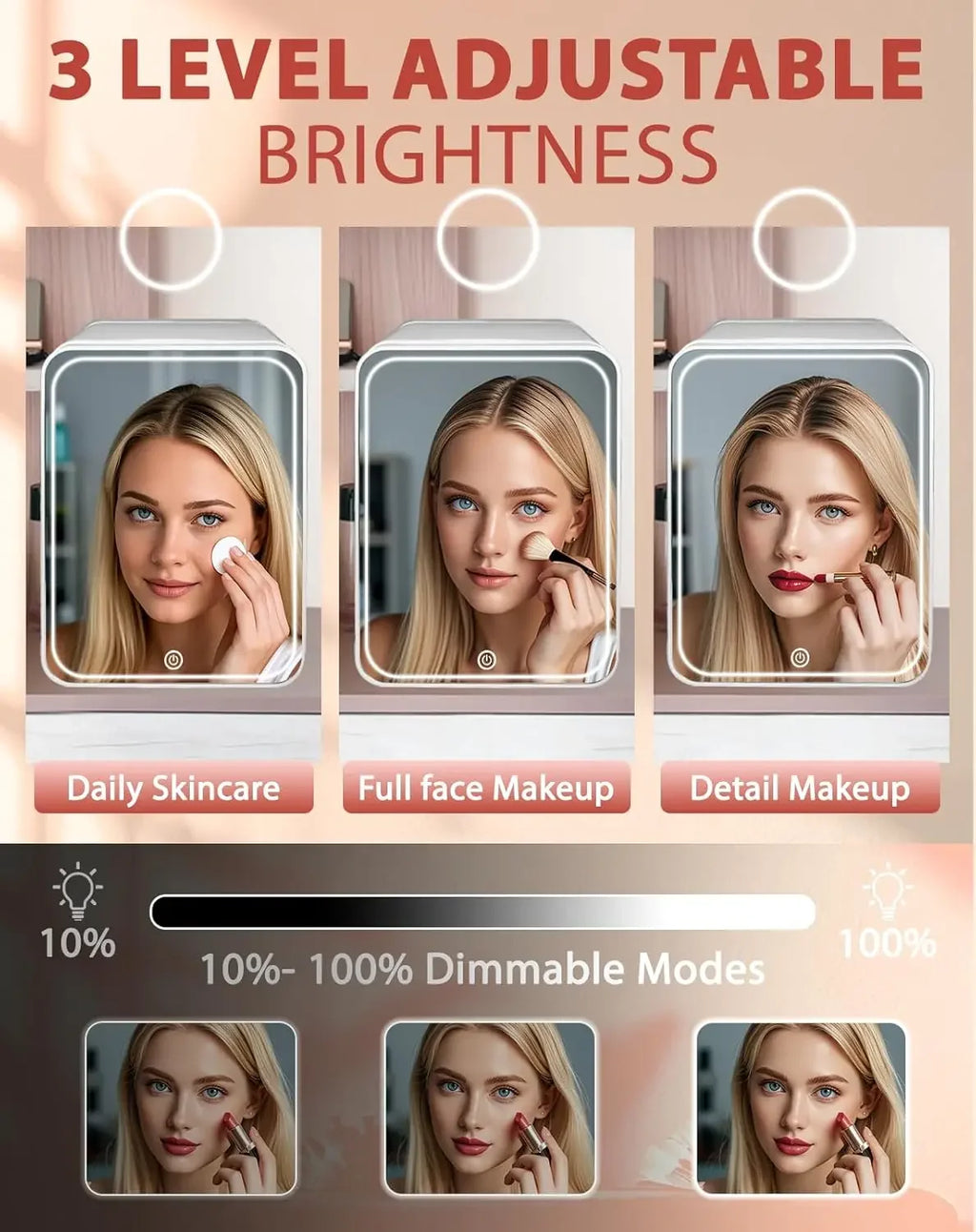 Skincare Fridge with Dimmable LED Light Mirror — 4L Makeup Mini Fridge for Bedroom & Car
