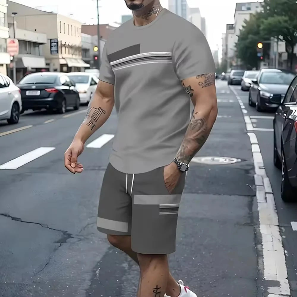 Men's Pattern Print Short Sleeve T-Shirt & Elastic Waist Sports Shorts 2-Piece Set