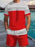 Men's Striped Short Sleeve T-Shirt & Drawstring Shorts Outdoor Travel Set