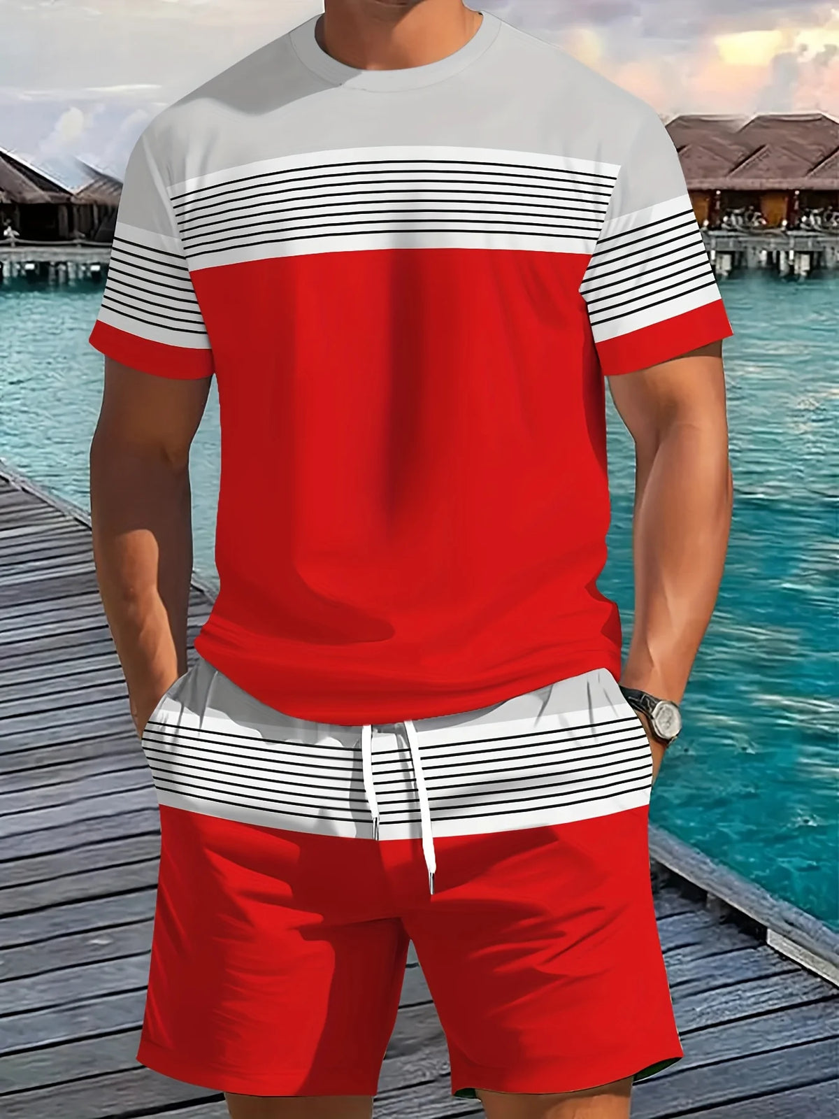 Men's Striped Short Sleeve T-Shirt & Drawstring Shorts Outdoor Travel Set