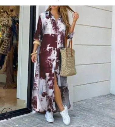 Lapel Literary Print Long Shirt Skirt Dress — Loose Single-Breasted Casual Women's Dress