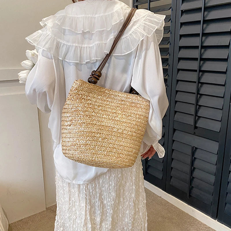 Handmade Straw Rattan Woven Tote Bag – Bohemian Beaded Summer Beach Shoulder Bag for Women