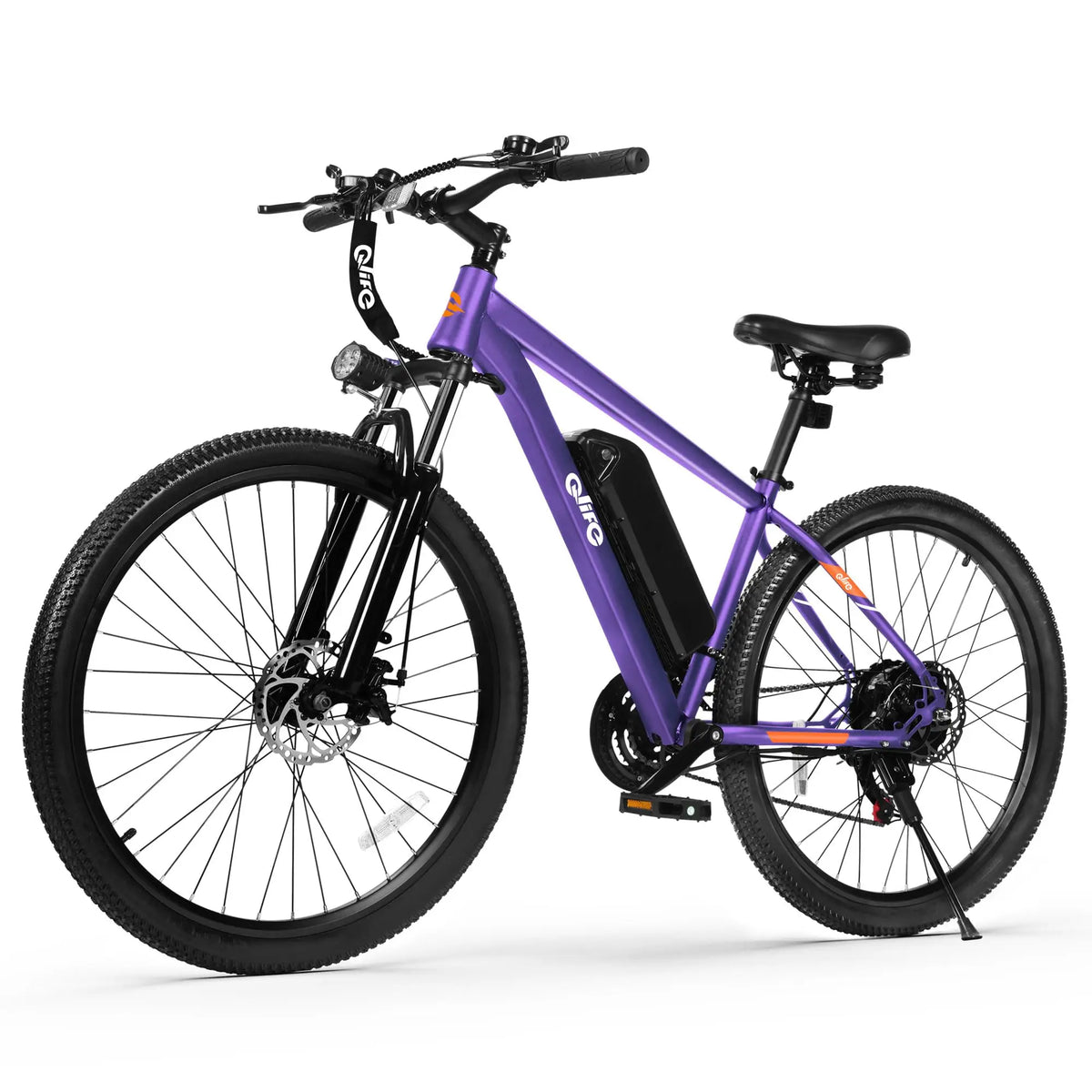 A purple and black electric mountain bike with a visible battery pack mounted on the frame, photographed on a clean white studio background.