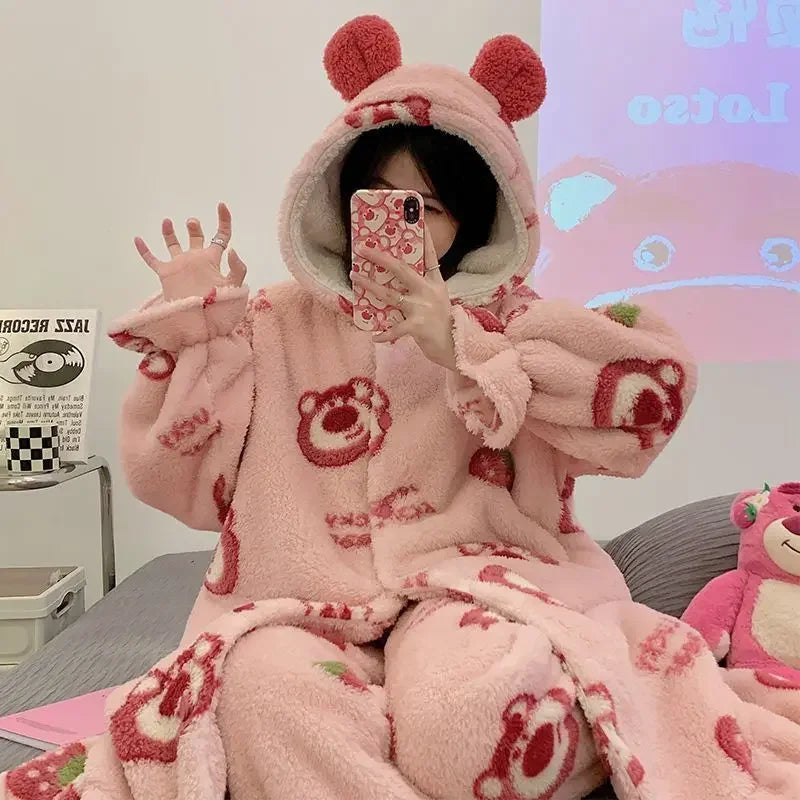Women's Kawaii Coral Velvet Hooded Pajamas | Thickened Flannel Casual Homewear Suit
