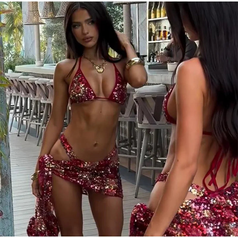 Sexy Sequin Bikini Skirt Set | Backless Halter, Lace-Up, Slim Mini Skirt, 2025 Summer Beach Suit