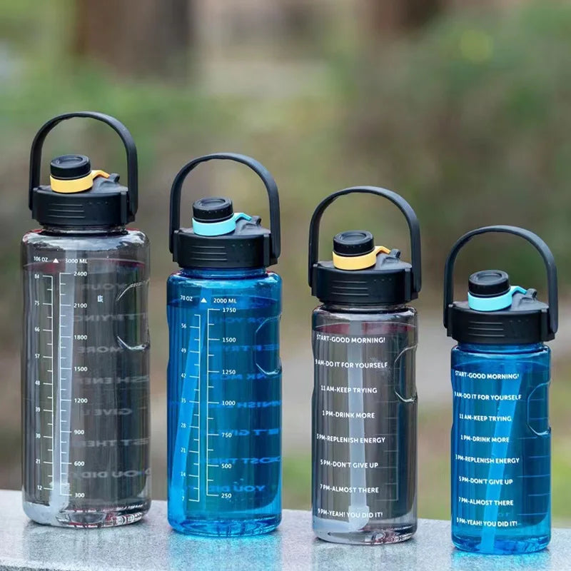 LUSQI 1.5L/2L/3L Large Capacity Motivational Water Bottle with Straw, Time Stamp & Carry Rope – BPA-Free, Leakproof