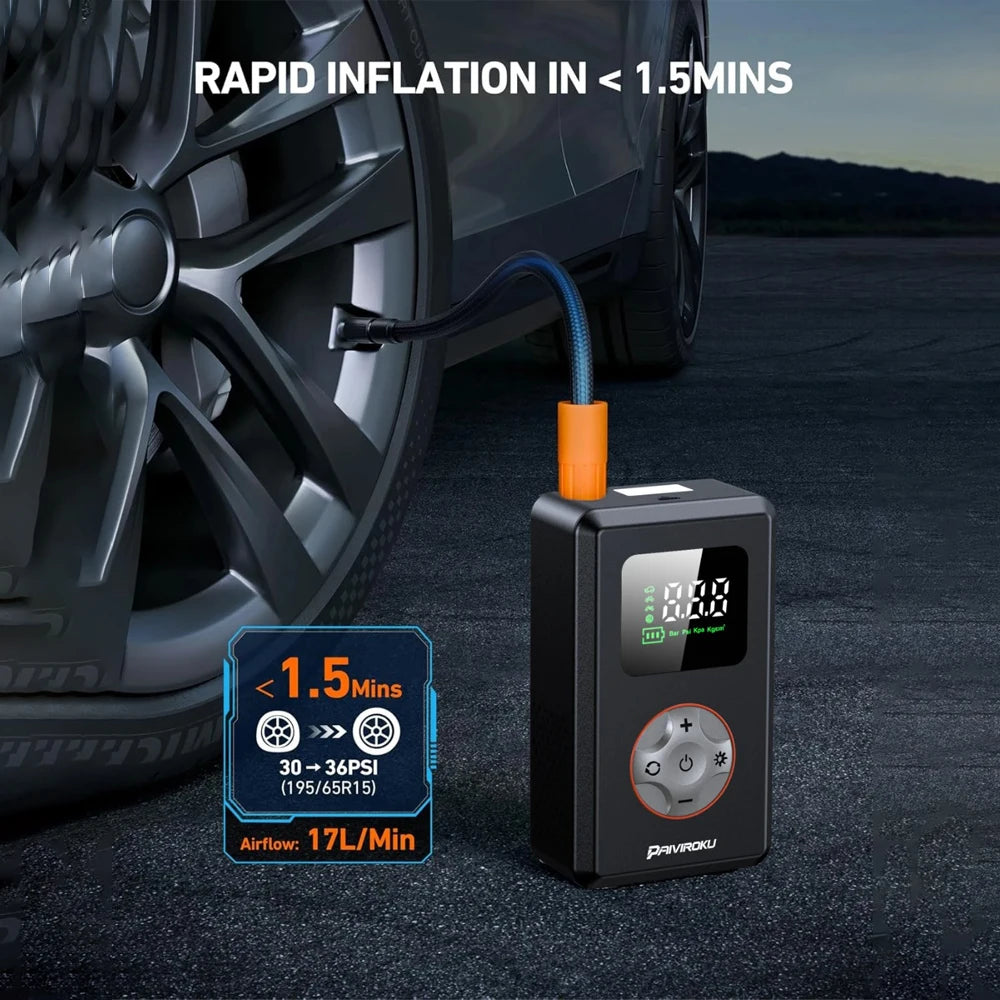 Digital air pump for car tires with rapid inflation feature, connected to a car tire on a road.