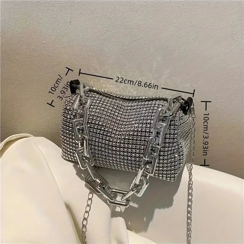 Rhinestone Glitter Mini Crossbody Bag – Chain Prom Purse Pillow Shoulder Bag for Women