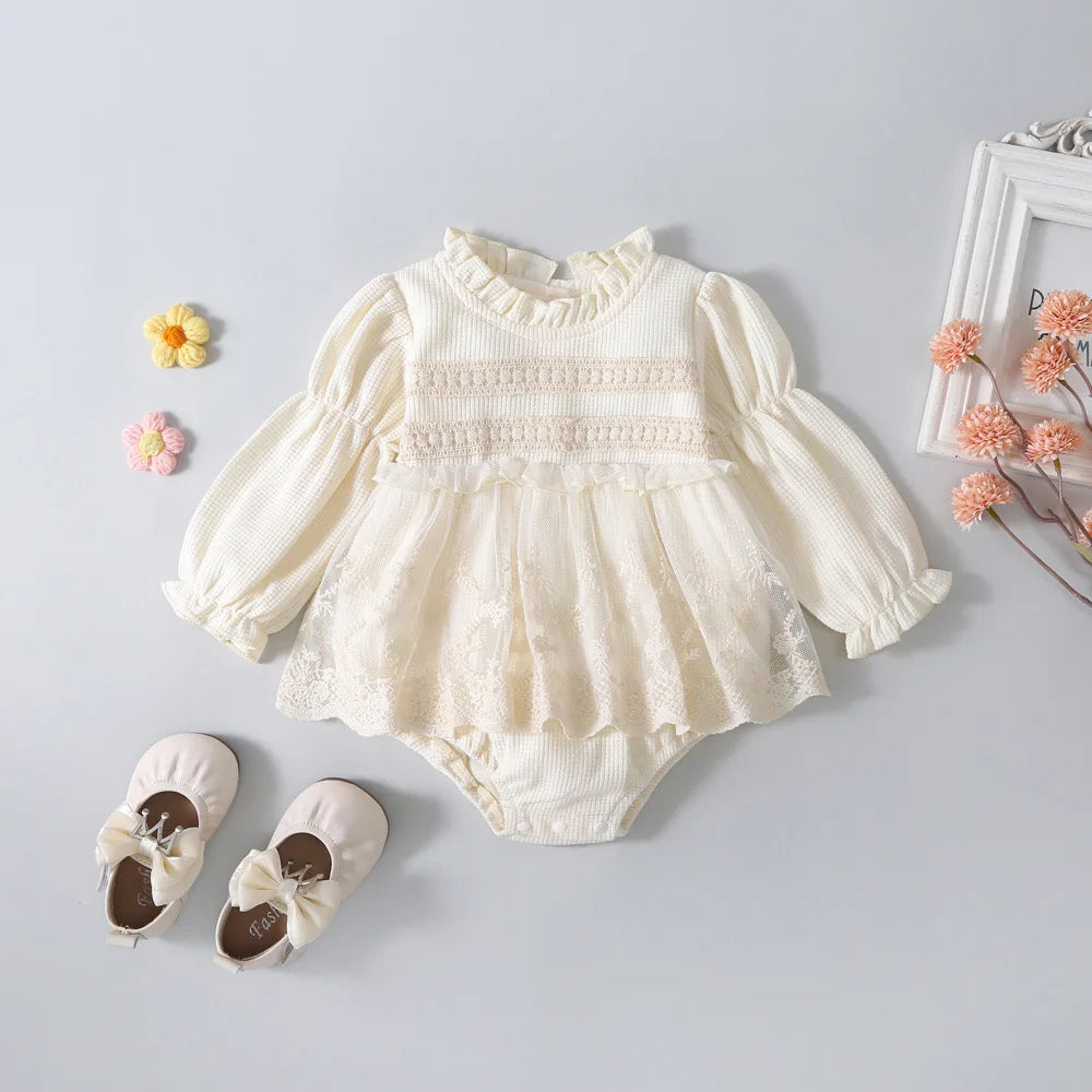 Baby Girl Tutu Skirt Bodysuit — Waffle Lace One-Piece Party Outfit for Toddlers