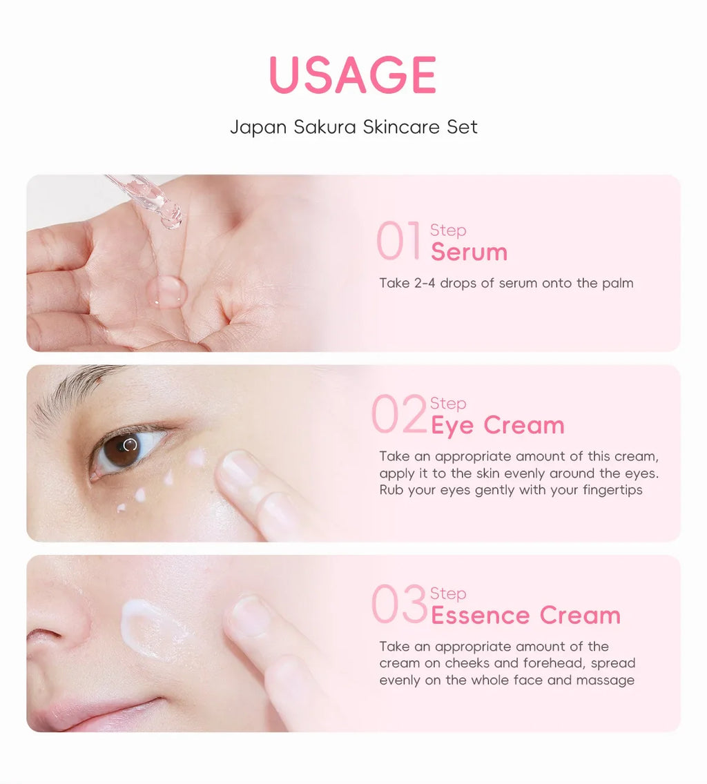 LAIKOU Sakura Skincare Gift Set – Brightening Serum, Eye Cream & Essence Cream 3-Piece Box