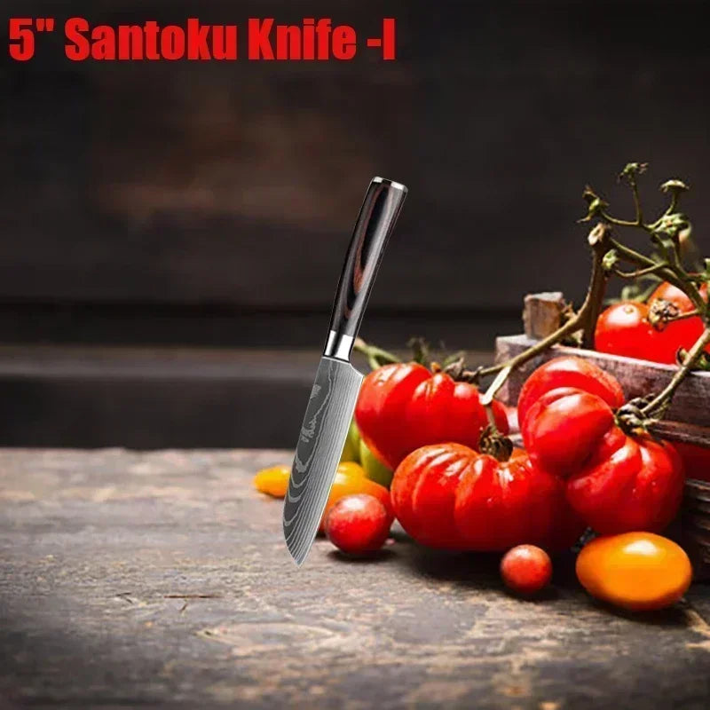 Damascus Kitchen Knife Set — Japanese Santoku, Cleaver, Slicing & Boning Knives
