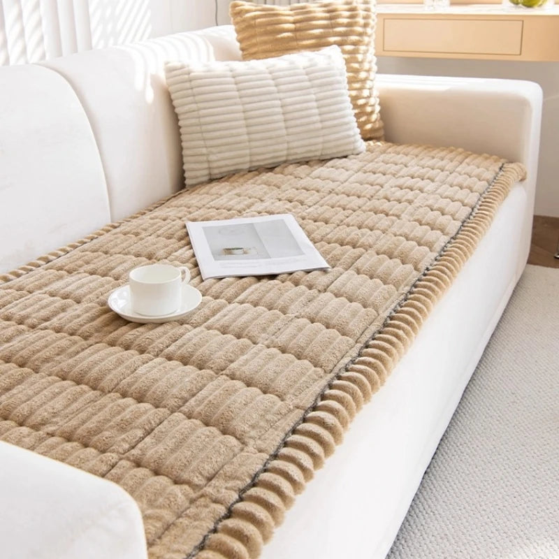 Quilted Stripe Flannel Sofa Pad – Thickened Winter Sofa Cover, Slipcover & Multiuse Sofa Towel