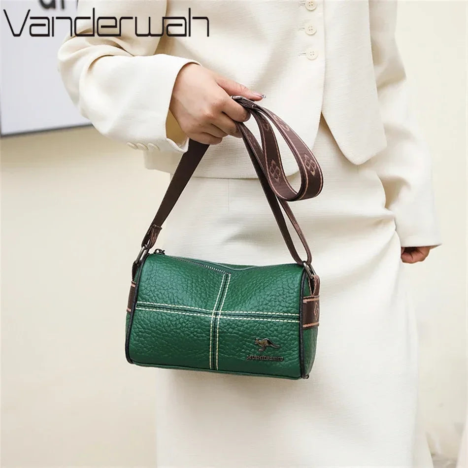 Luxury Genuine Leather Barrel Crossbody Bag – Sequin Shoulder Messenger Bag for Women