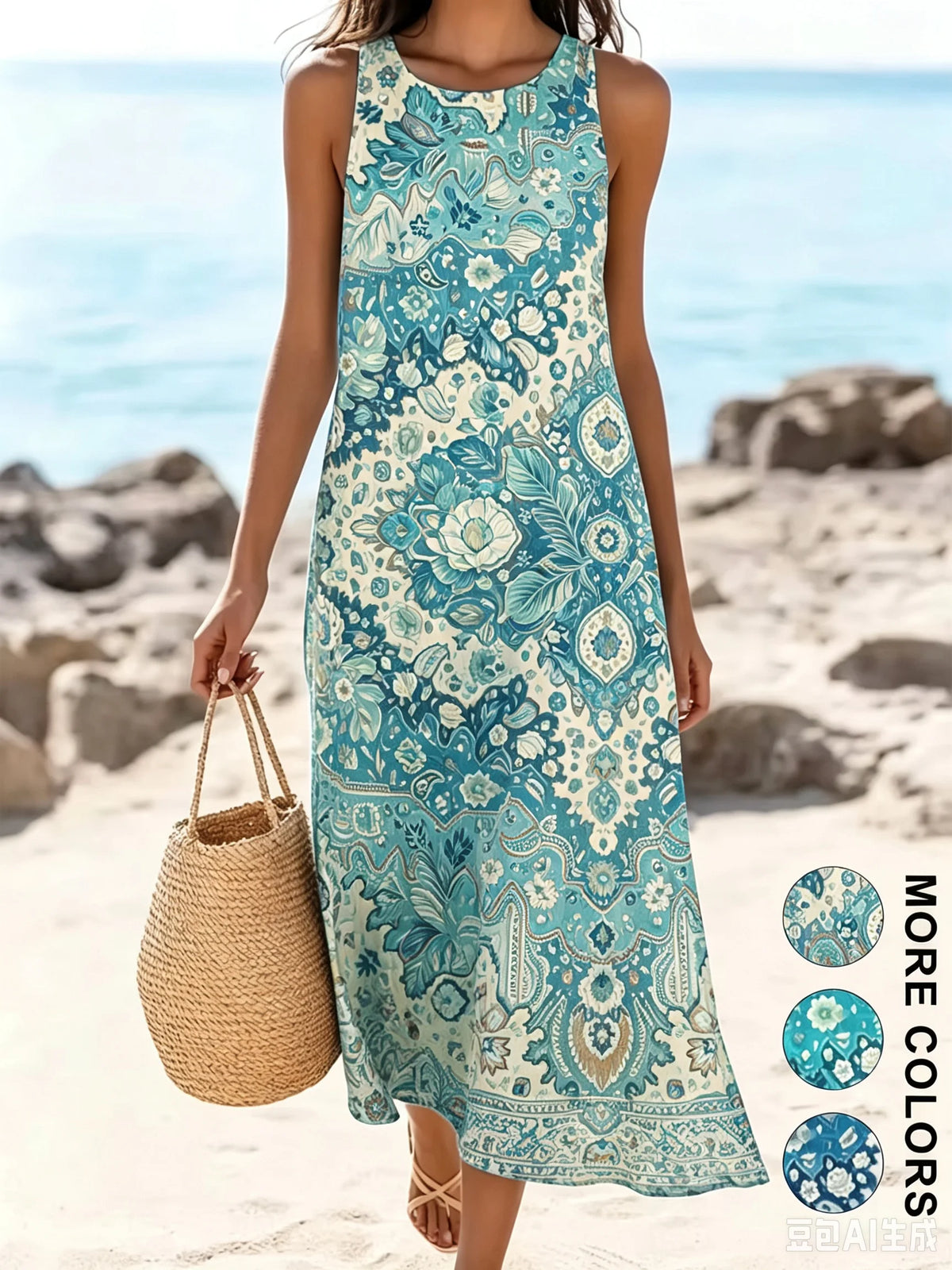 Women's Bohemian Floral Sleeveless MIDI Sundress with Pockets – Loose Sweetheart Beach Dress 2026