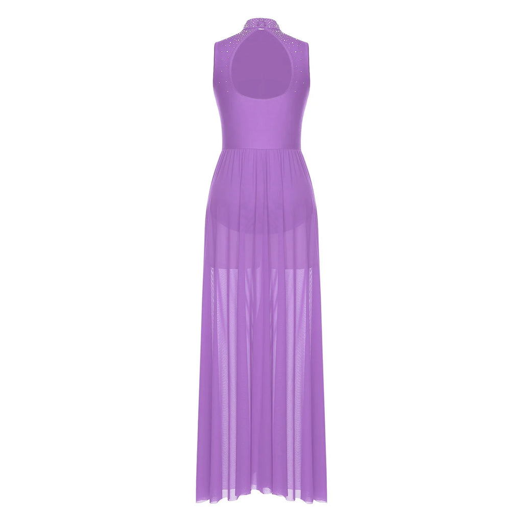 Rhinestone Maxi Sleeveless Contemporary Dance Dress — Mock Neck Wide Hemline Lyrical Leotard