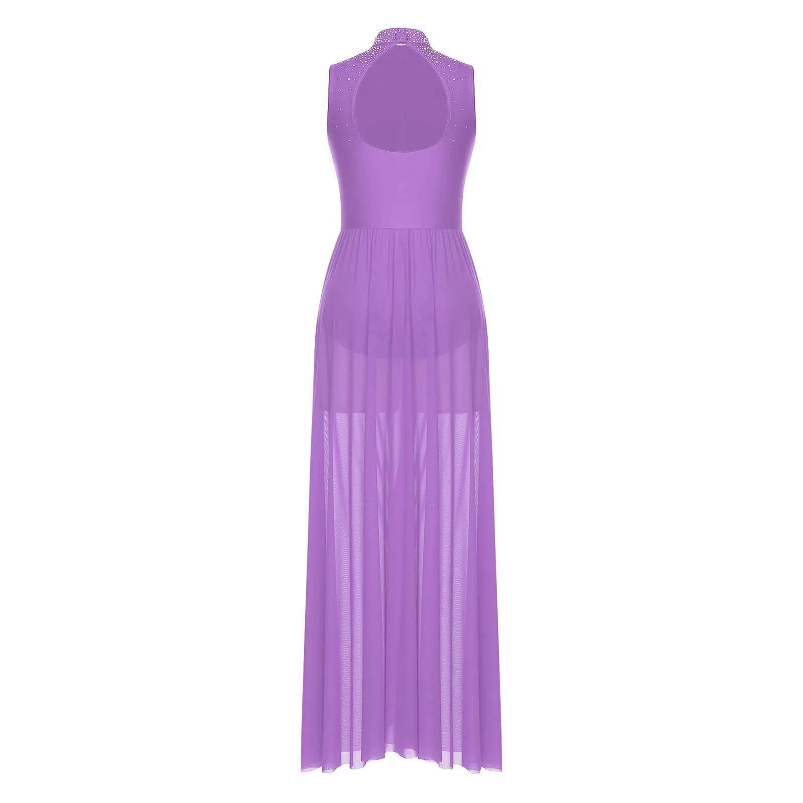 Rhinestone Maxi Sleeveless Contemporary Dance Dress — Mock Neck Wide Hemline Lyrical Leotard