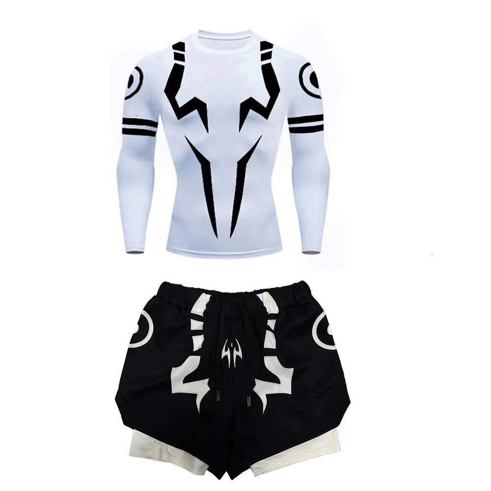 Anime Jujutsu Kaisen 3D Compression Shirt & Gym Shorts – Quick Dry Running Workout Sportswear