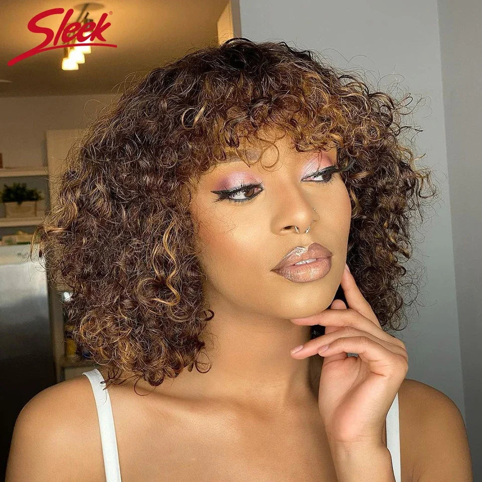 Short Pixie Bob Jerry Curly Human Hair Wig — Full Machine with Bangs, Highlight Colors