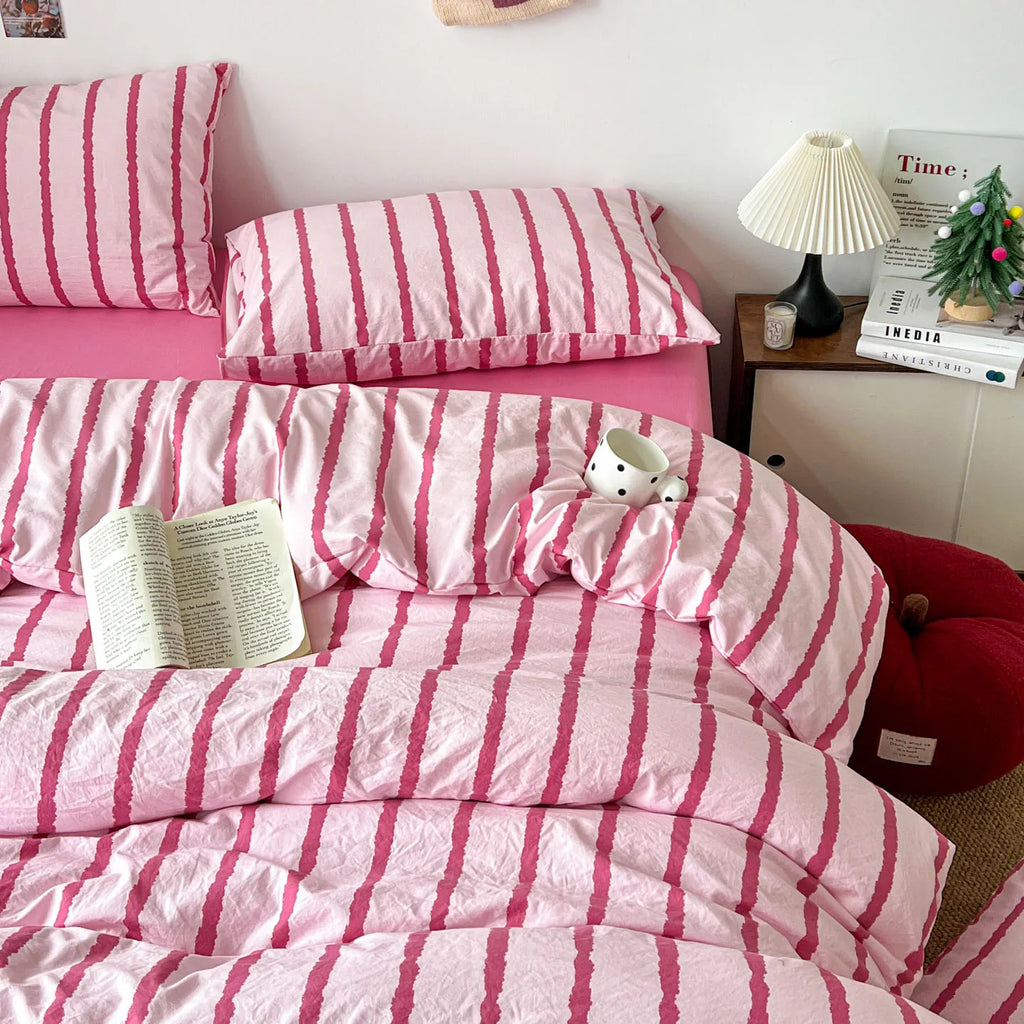 Pink Striped Duvet Cover Set – 3-Piece Soft Washed Cotton Bedding for Girls, 150x200cm