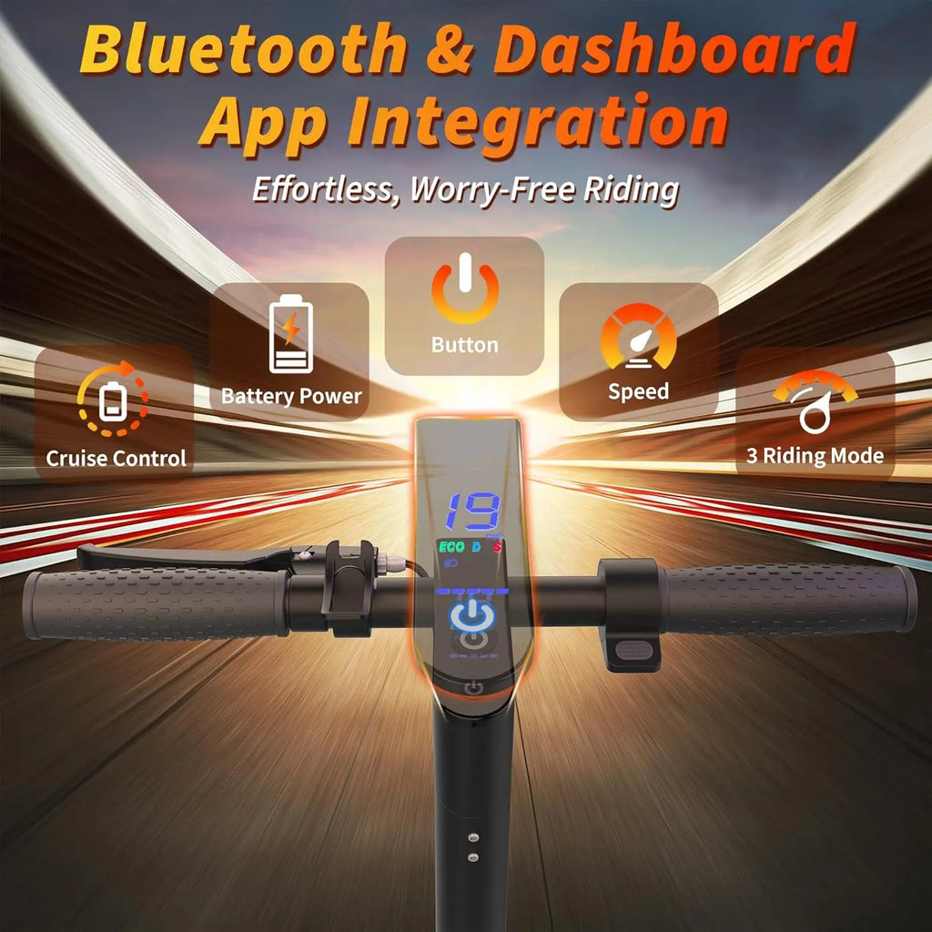 Electric scooter handlebar display with Bluetooth and dashboard app features.