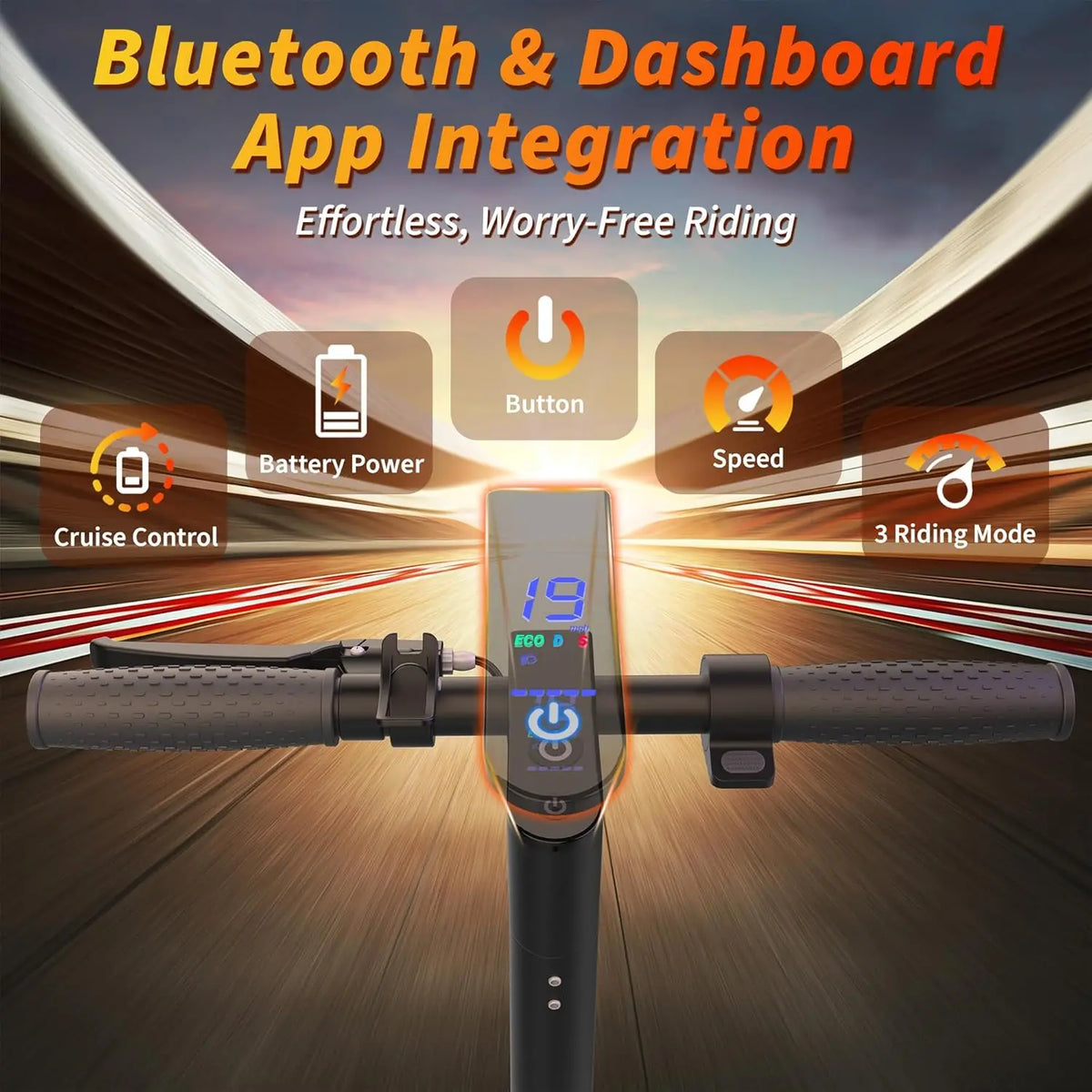 Electric scooter handlebar display with Bluetooth and dashboard app features.