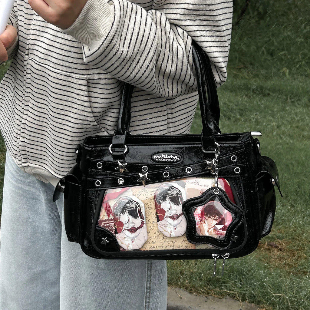 Miyagawa Transparent Rivet PU Tote Bag – Multi-Function Crossbody Shoulder Handbag for Women