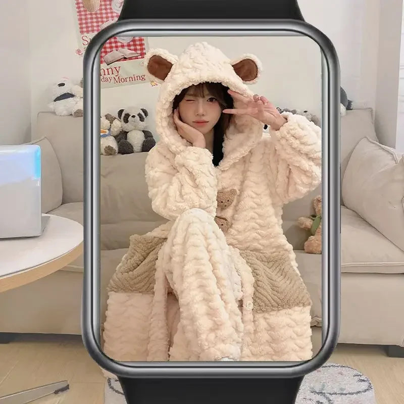 Women's Kawaii Coral Velvet Hooded Pajamas | Thickened Flannel Casual Homewear Suit