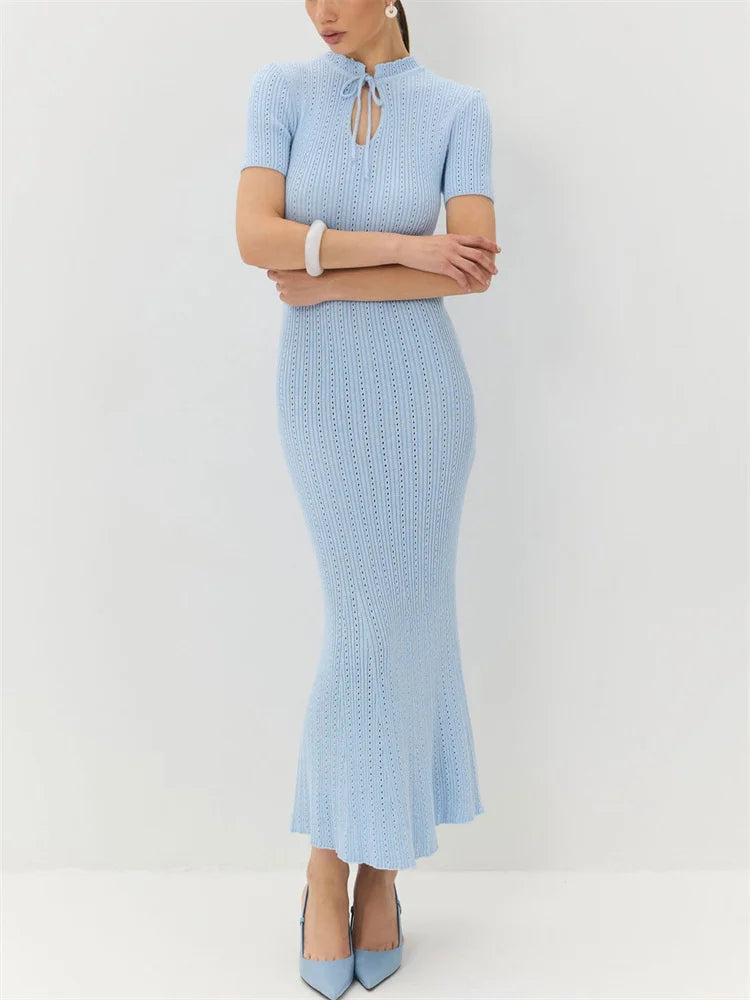 Tossy Knit Hollow Out Lace-Up Dress – Ribbed Short Sleeve Patchwork High Waist Elegant Long Dress