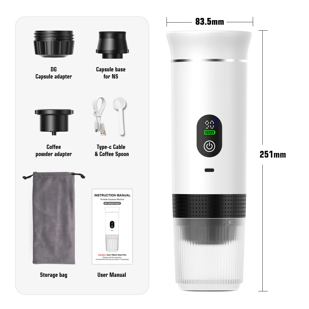 DENOKIN Portable Espresso Coffee Maker – 3-in-1 Capsule Machine with Digital Display for Car, Home & Camping