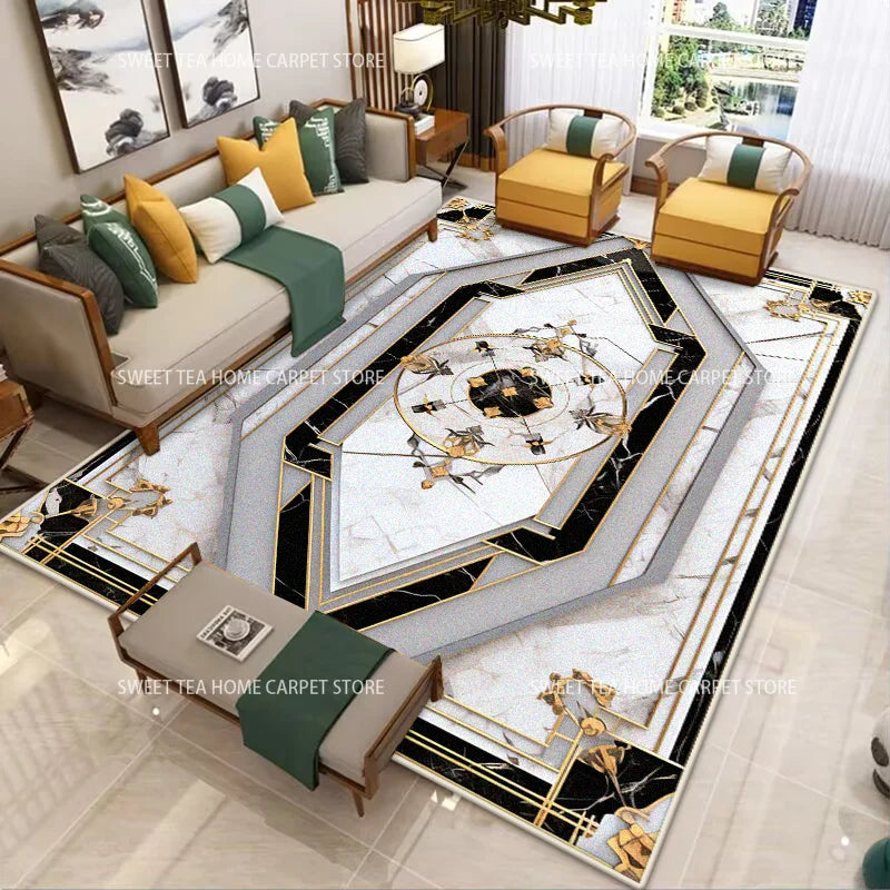 Modern Golden Frame Luxury Carpet – Washable Large Area Rug for Living Room & Bedroom