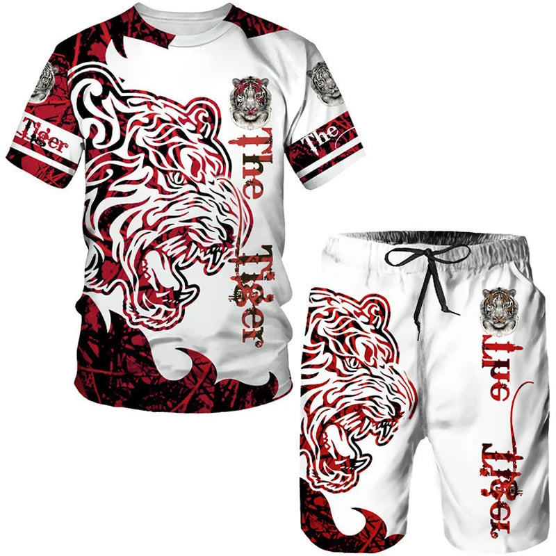 Men's 3D Tiger Print Short Sleeve T-Shirt & Shorts Set – Casual Sportswear