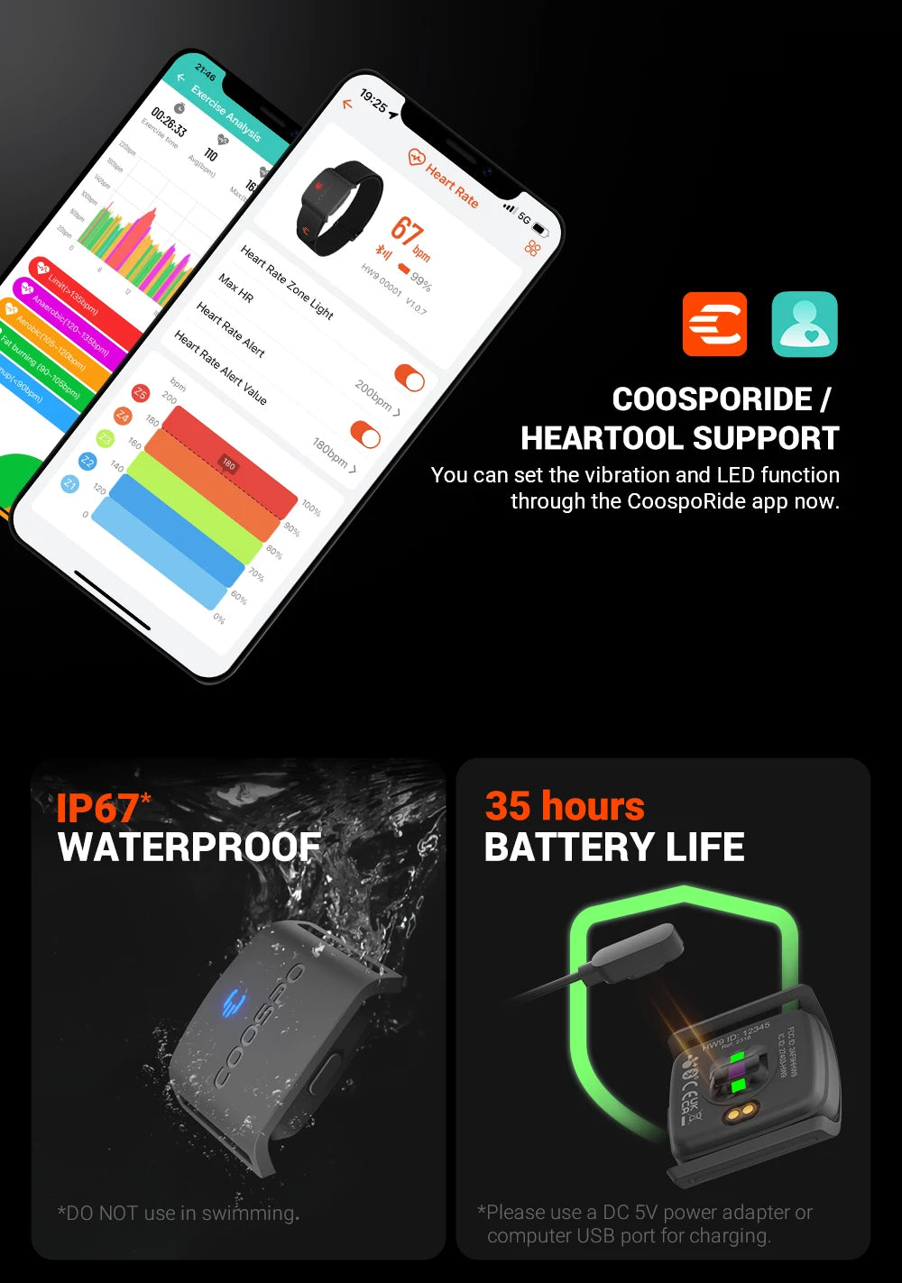 COOSPO HW9 Armband Heart Rate Monitor — HR Zones, Calories, BLE 5.0 & ANT+ for Peloton, Zwift & Wahoo