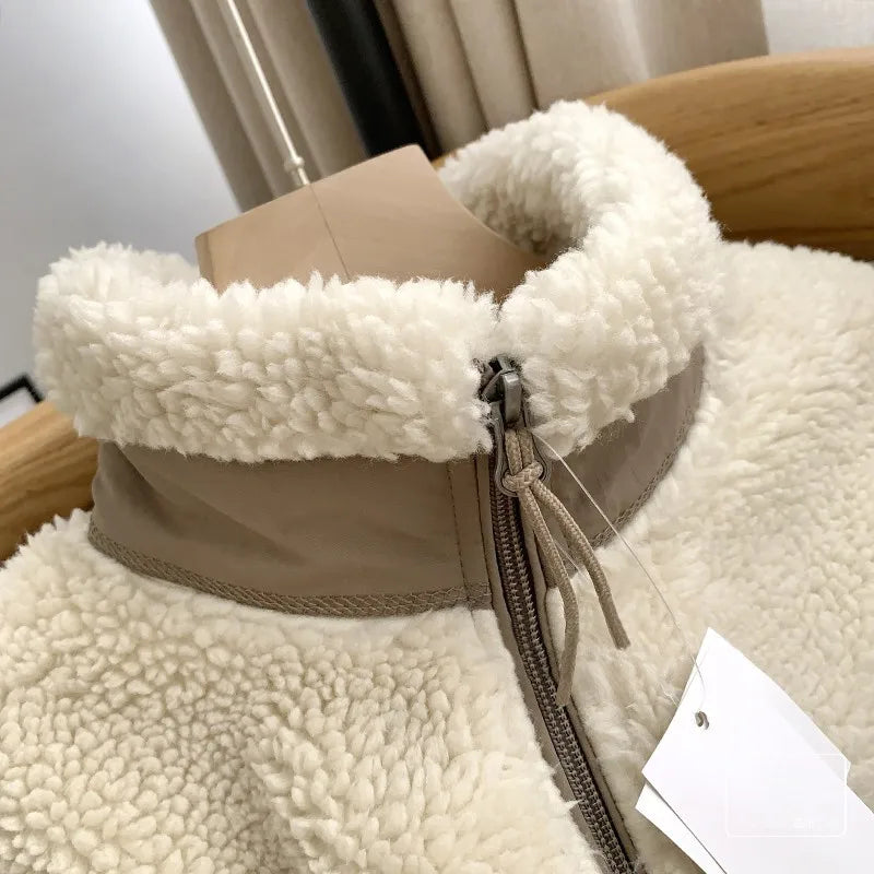 Japanese Fleece Zip Jacket – Unisex Loose Warm Lamb Wool Coat for Couples