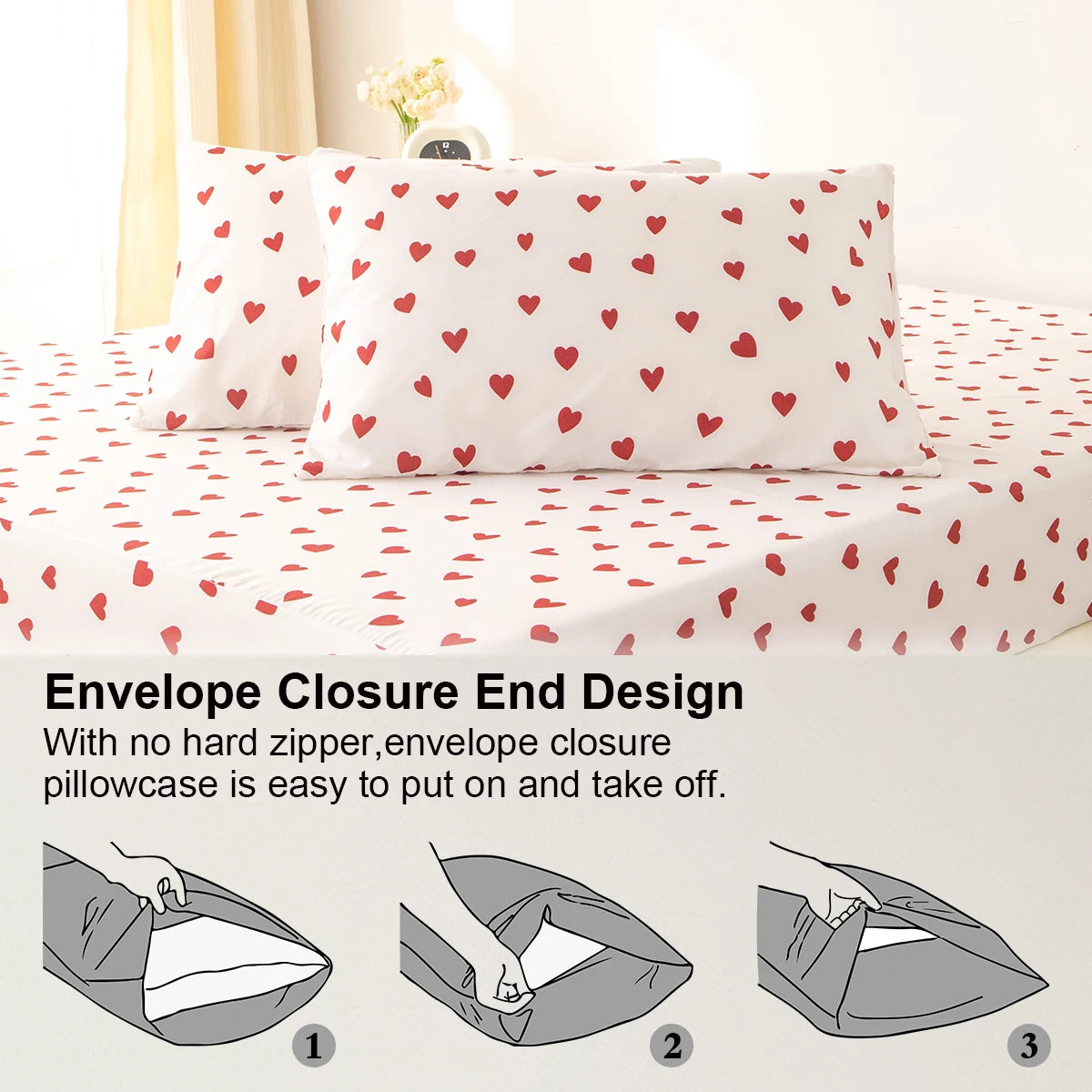 Red Heart Print Duvet Cover Set – 3-Piece Soft Skin-Friendly Bedding with Pillowcases, Twin to King